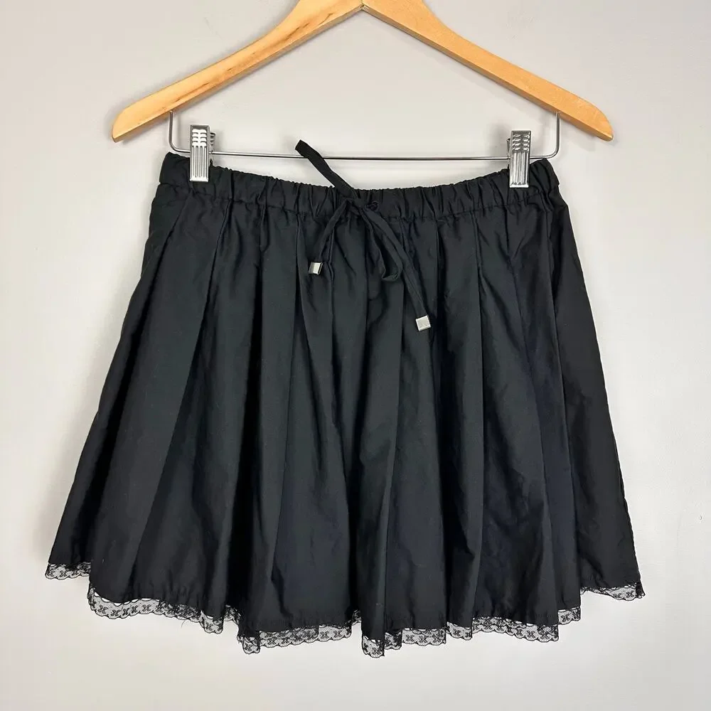 J CREW Pleated Tie Waist Mini Skirt Lace Trim Black Cotton Sz S NWT Preppy